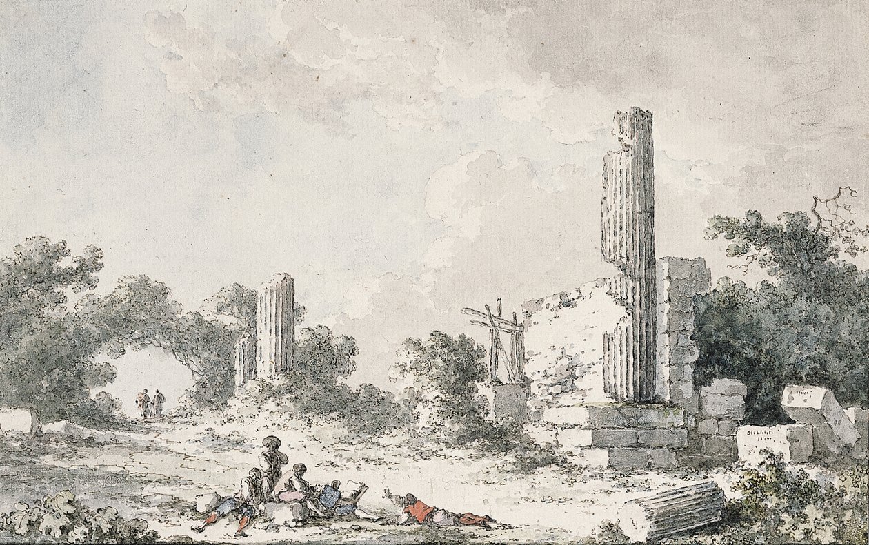 As ruínas do Templo de Castor e Pollux, Agrigento, com artistas desenhando de Claude Louis Chatelet