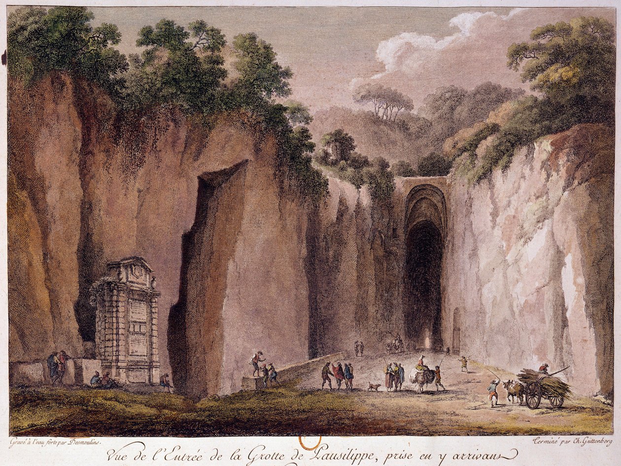 Vista da gruta de Pausilippe (Posillipo) (ou "Grotta Vecchia"), perto de Nápoles. desenho de Chatelet de Claude Louis Chatelet
