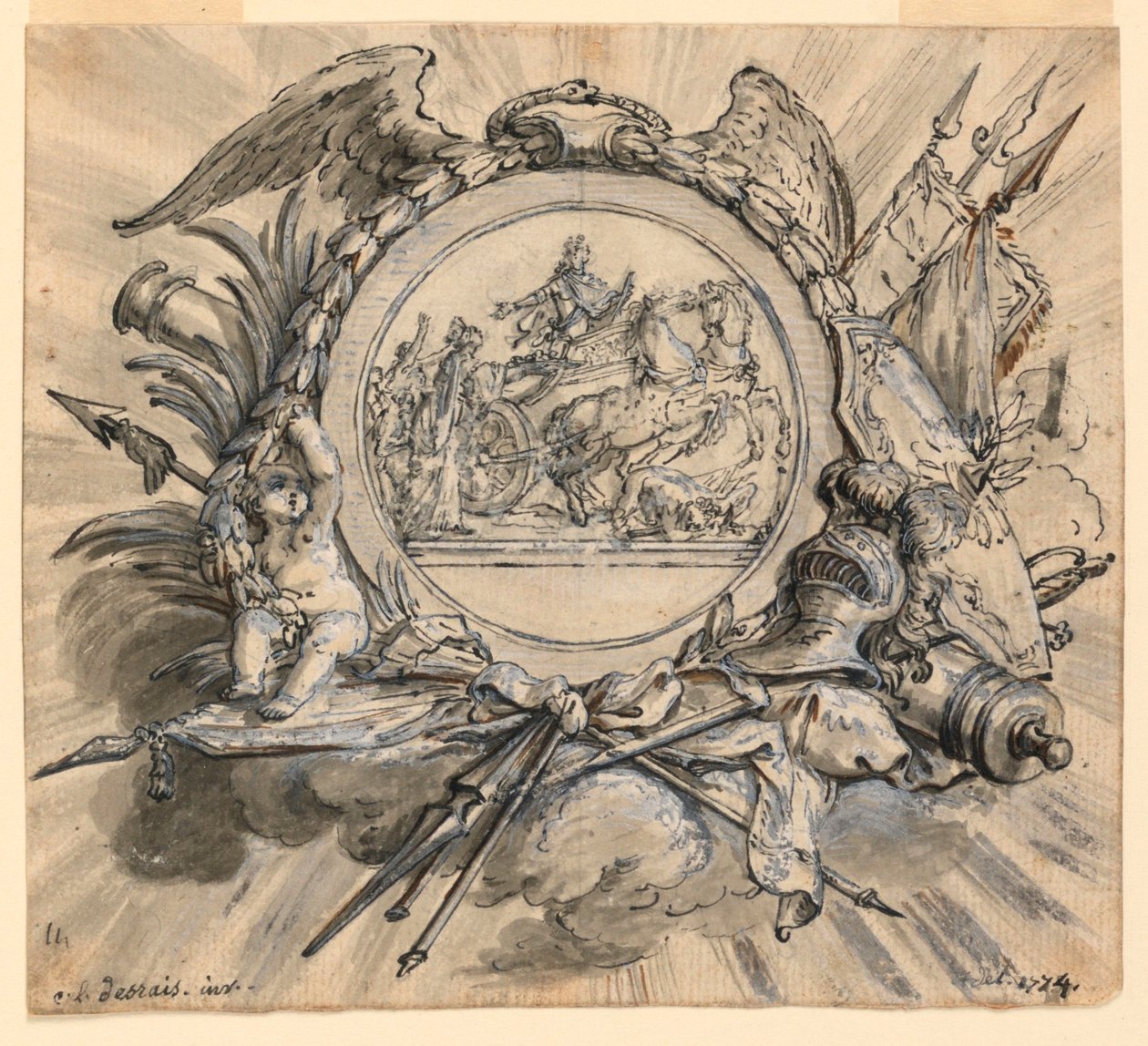 Cartouche com atribuições de guerra de Claude Louis Desrais