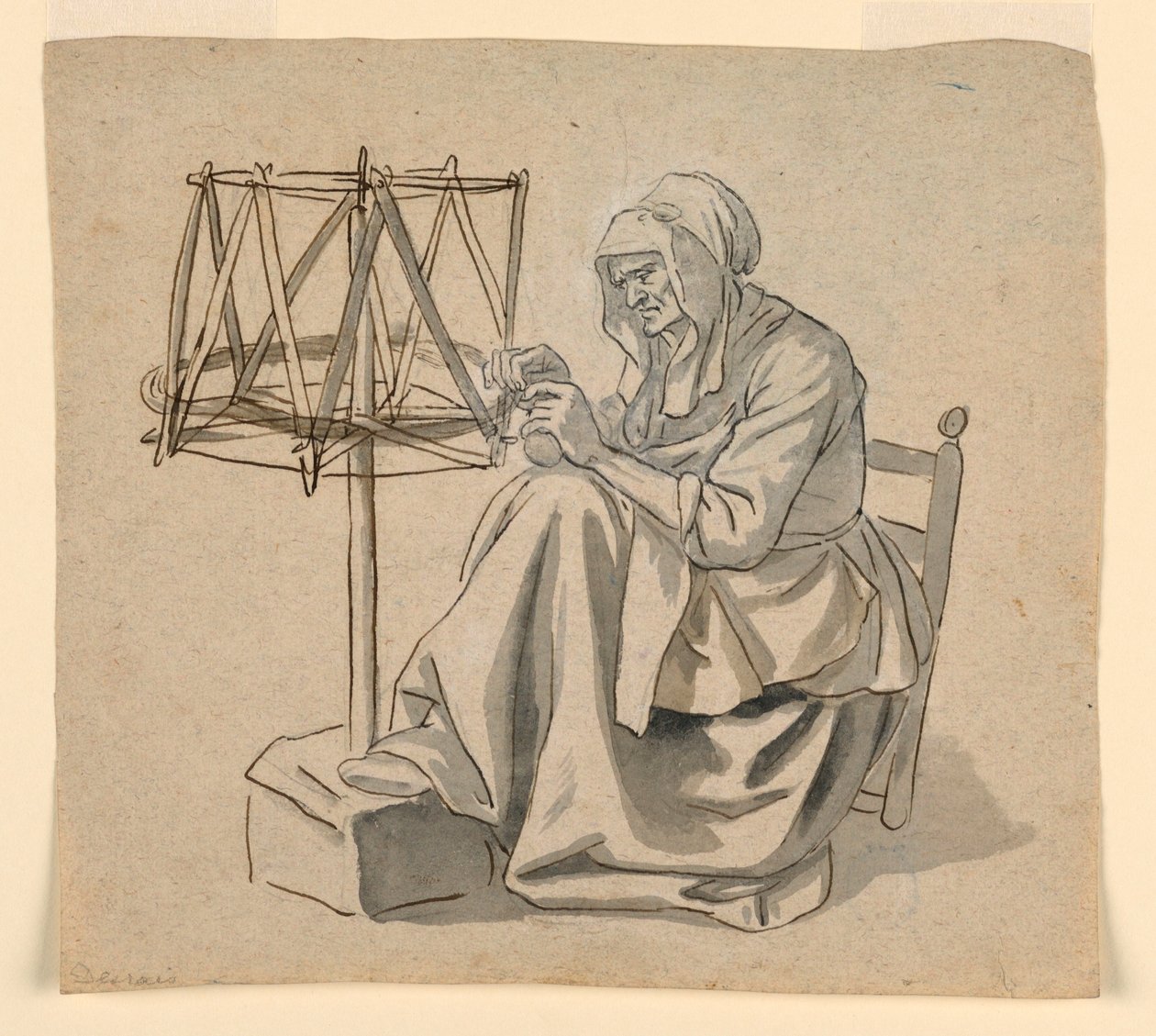 Desenho, Uma mulher idosa a fiar, 1810-30 de Claude Louis Desrais
