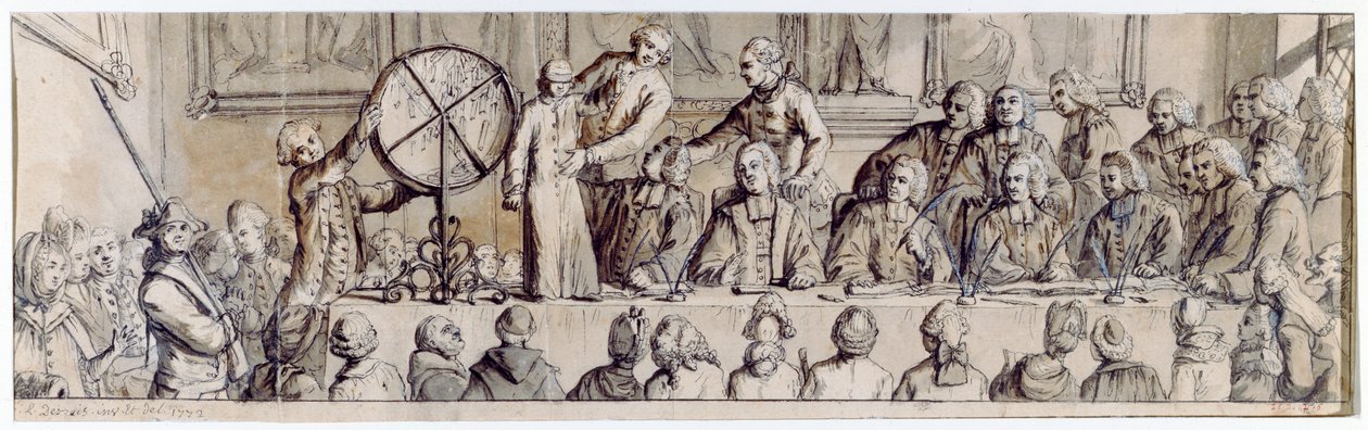 Desenho da loteria no Hotel de Ville, 1772 (caneta, tinta e lavagem) de Claude Louis Desrais