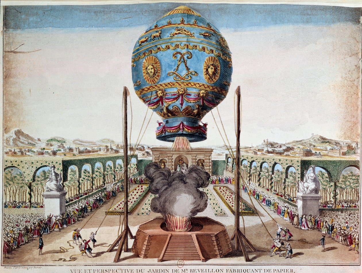 Experiência dos Irmãos Montgolfiere em 19 de outubro de 1783, no jardim do Monsieur Reveillon, faubourg Saint Antoine, em Paris. Gravura de Desrais Claude Louis Desrais (1746-1816) de Claude Louis Desrais