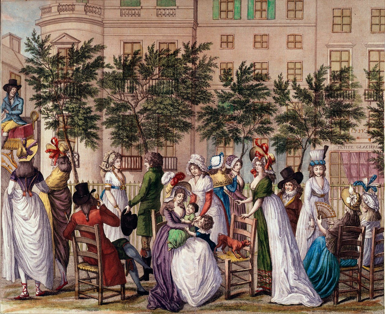 Moda sob o conselho de administração: "Le petit Coblenz", o calçadão Boulevard des Italians em Paris. Litografia de Claude Louis Desrais (1746-1816) 1798. Paris, Musee Carnavalet de Claude Louis Desrais