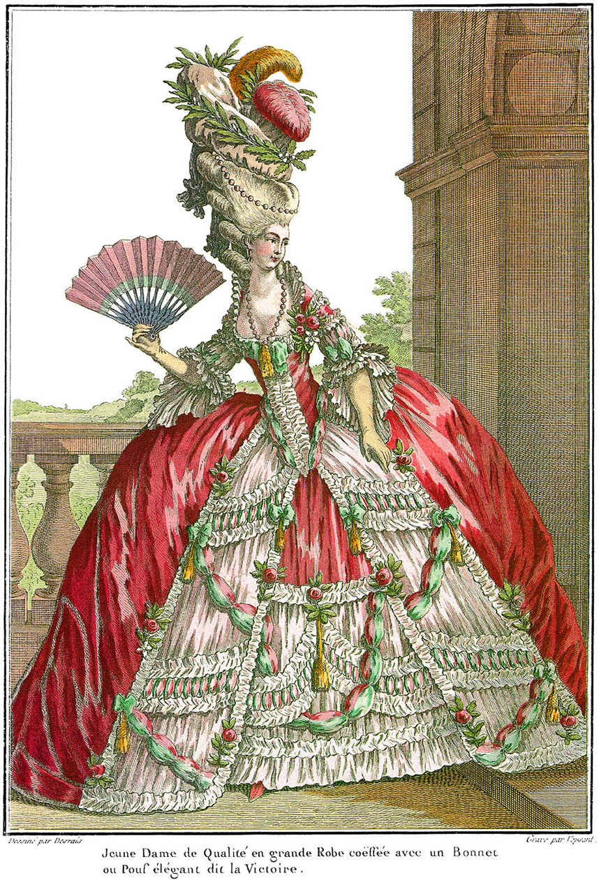 Vestido da corte francesa com panniers largos, 1778 de Claude Louis Desrais