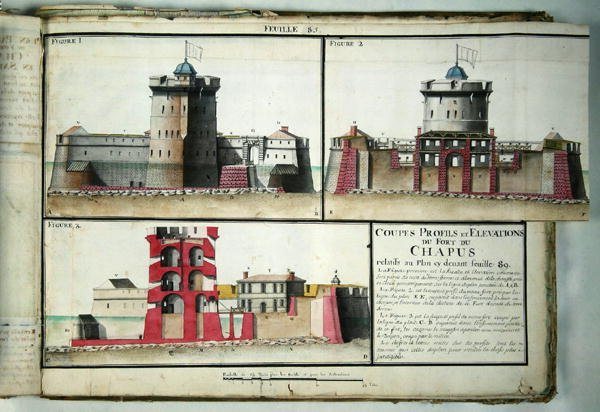 Atlas 131 F fol.85 Corte transversal e elevações do Forte de Chapus, da Traite de Fortifications, c.1720 de Claude Masse