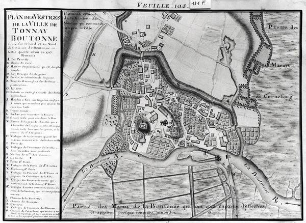 Fol.105 Mapa da cidade de Tonnay-Boutonne, de Recueil des Plans de Saintonge (caneta e tinta e wc sobre papel) de Claude Masse