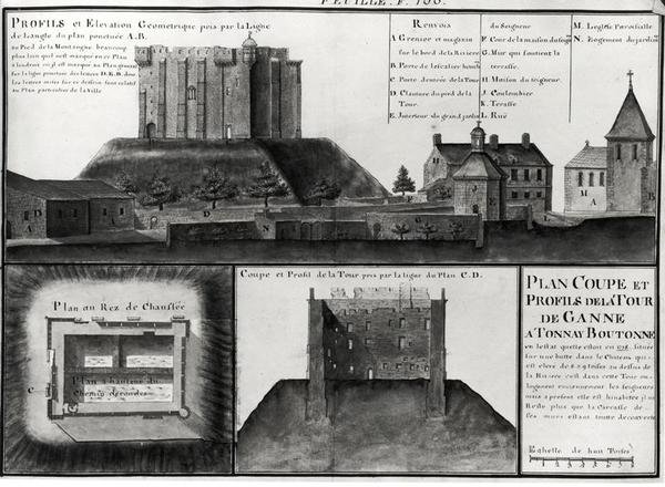 Fol.106 Corte transversal e desenho de perfil do Tour de Ganne em Tonnay Boutonne, do Recueil des Plans de Saintonge (caneta e tinta e wc no papel) de Claude Masse