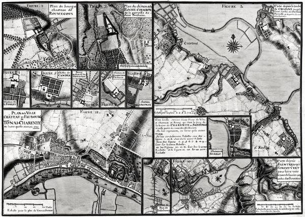 Fol.7 & 98 Mapa das cidades e castelos situados ao longo do rio Charente em 1714, a partir de Recueil des Planos de Saintonge (caneta e tinta e wc no papel) de Claude Masse