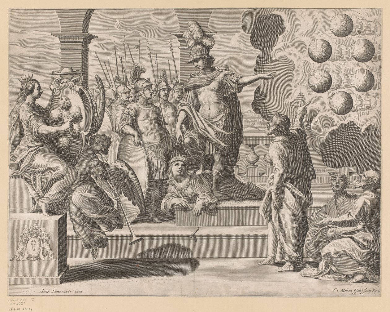 Alegoria com os soldados e o brasão de armas do Medicis de Claude Mellan