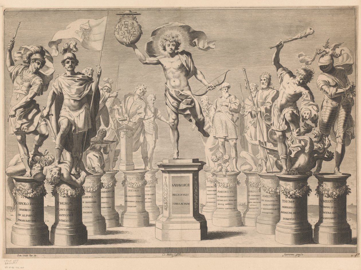 Alegoria em honra da Casa de Sabóia com figuras lendárias em pedestais de Claude Mellan