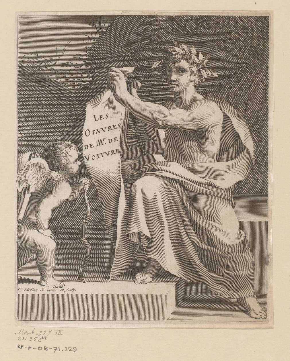 Apollo e um amor
Les Oeuvres de Mr. de Voiture (título sobre o objecto)
Página de título para: Vincent de Voiture, Les Oeuvres de Vincent de Voiture, 1650 de Claude Mellan