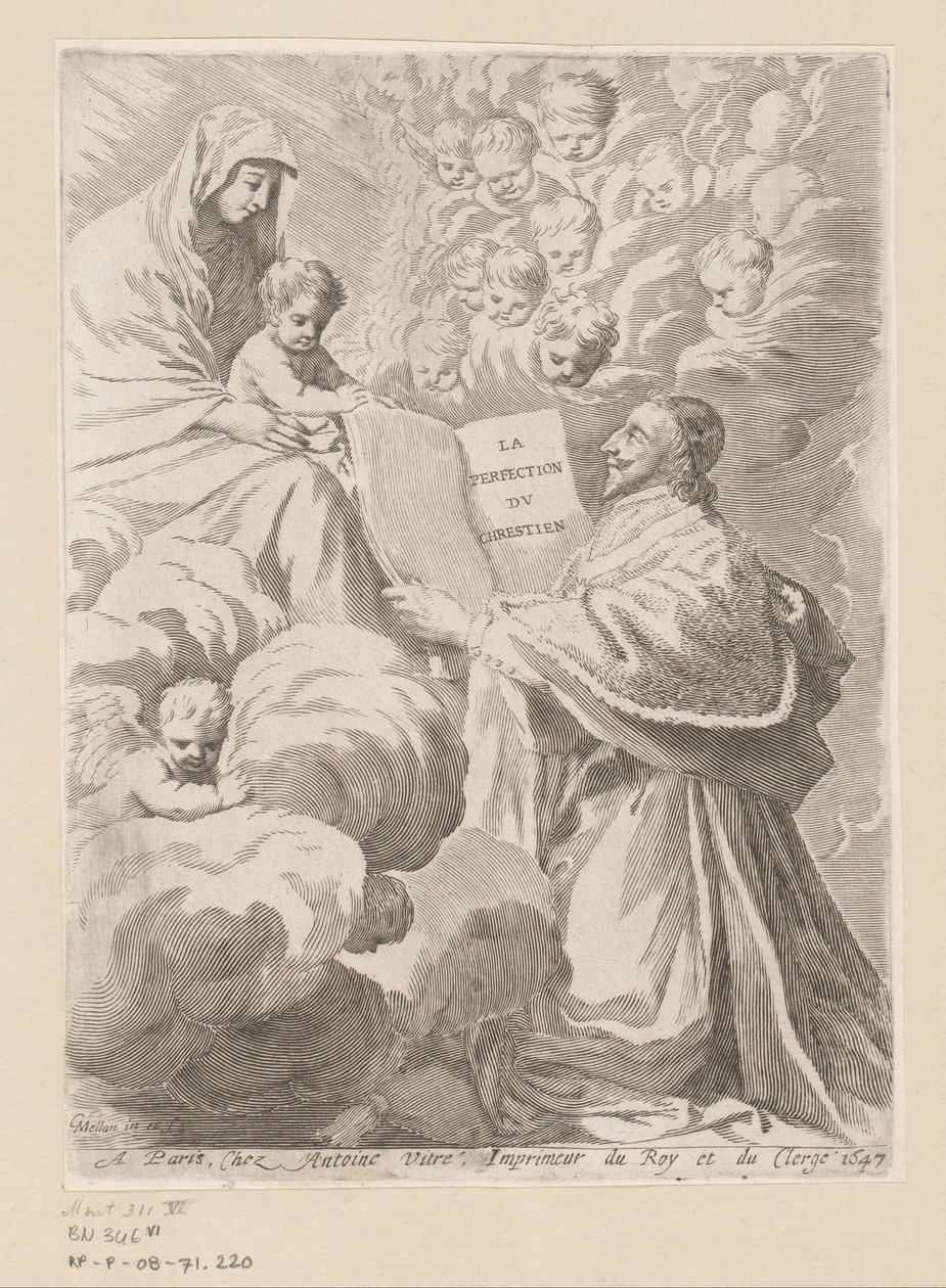 Armand-Jean du Plessis Duque de Richelieu apresenta um livro a Maria com o Menino Página de título para: Armand-Jean du Plessis Duque de Richelieu, Traité de la perfectition du chrétien de Claude Mellan