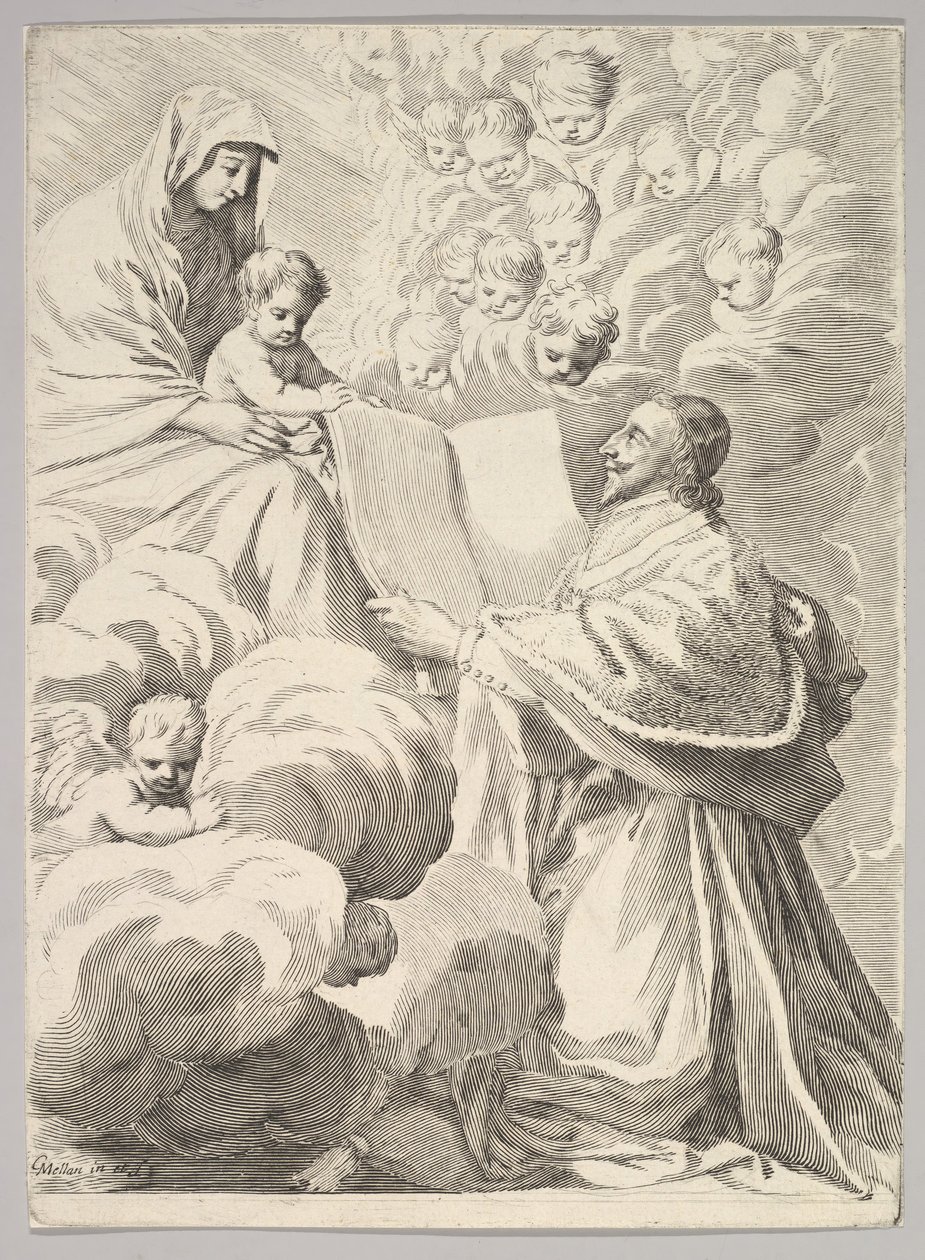 O Cardeal Richelieu, Ajoelhado, Apresenta Seu Livro à Virgem e ao Menino, ca. 1646 de Claude Mellan