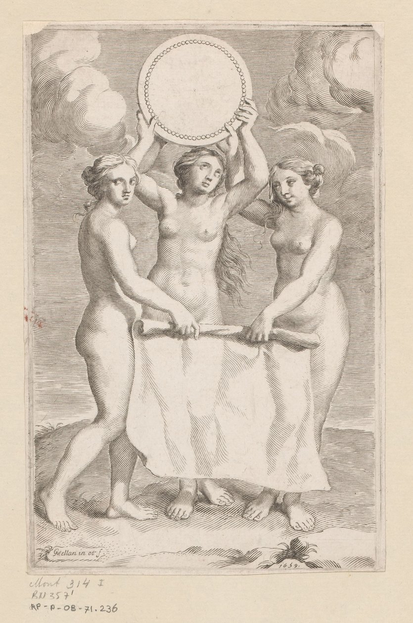 Três Graças com um medalhão
Página de título para: Balthazar de Vias, Charitum libri tres, 1660 de Claude Mellan