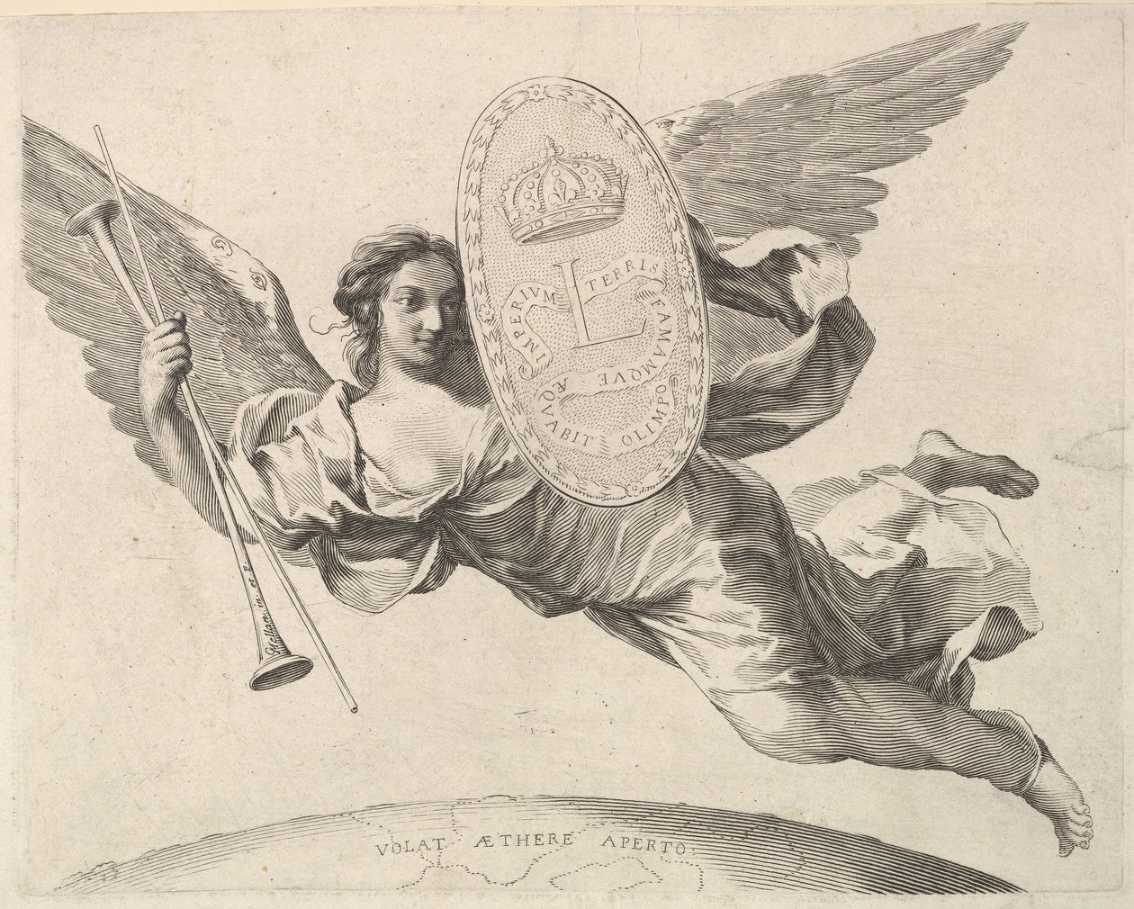 Fama com um escudo com a inicial de Louis XIV La Renommée volant. de Claude Mellan