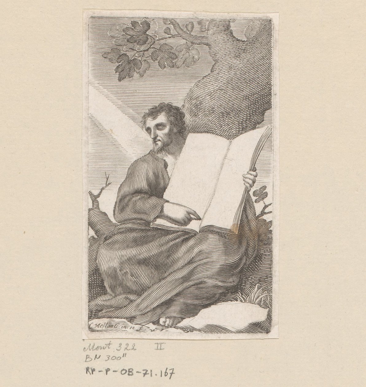 Santo Agostinho sentado ao pé de uma árvore Página de rosto para: Les Confessions de Saint Augustin, 1639 de Claude Mellan