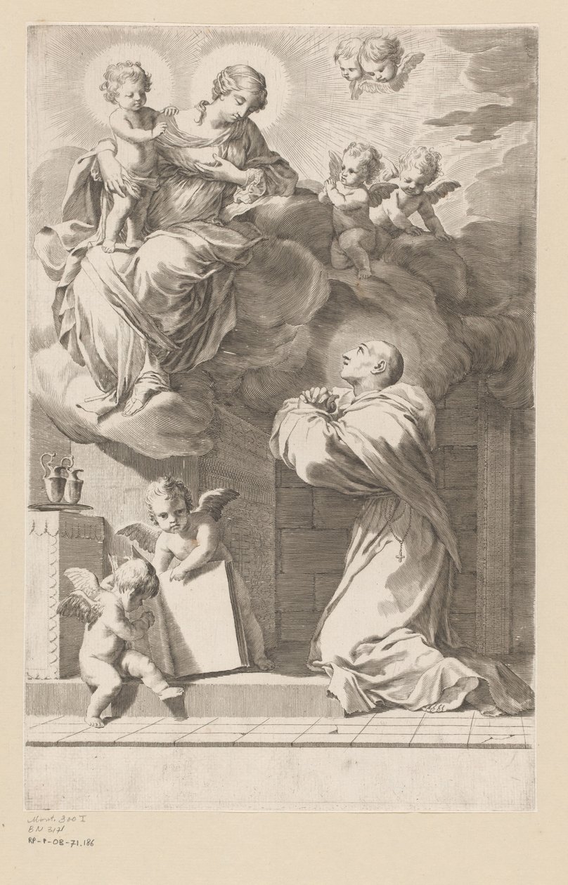 H. São Bernardo ajoelhado antes de uma aparição de Maria com Criança
Página de título para: São Bernardo, Divi Bernardi Abbatis (...), 1640 de Claude Mellan