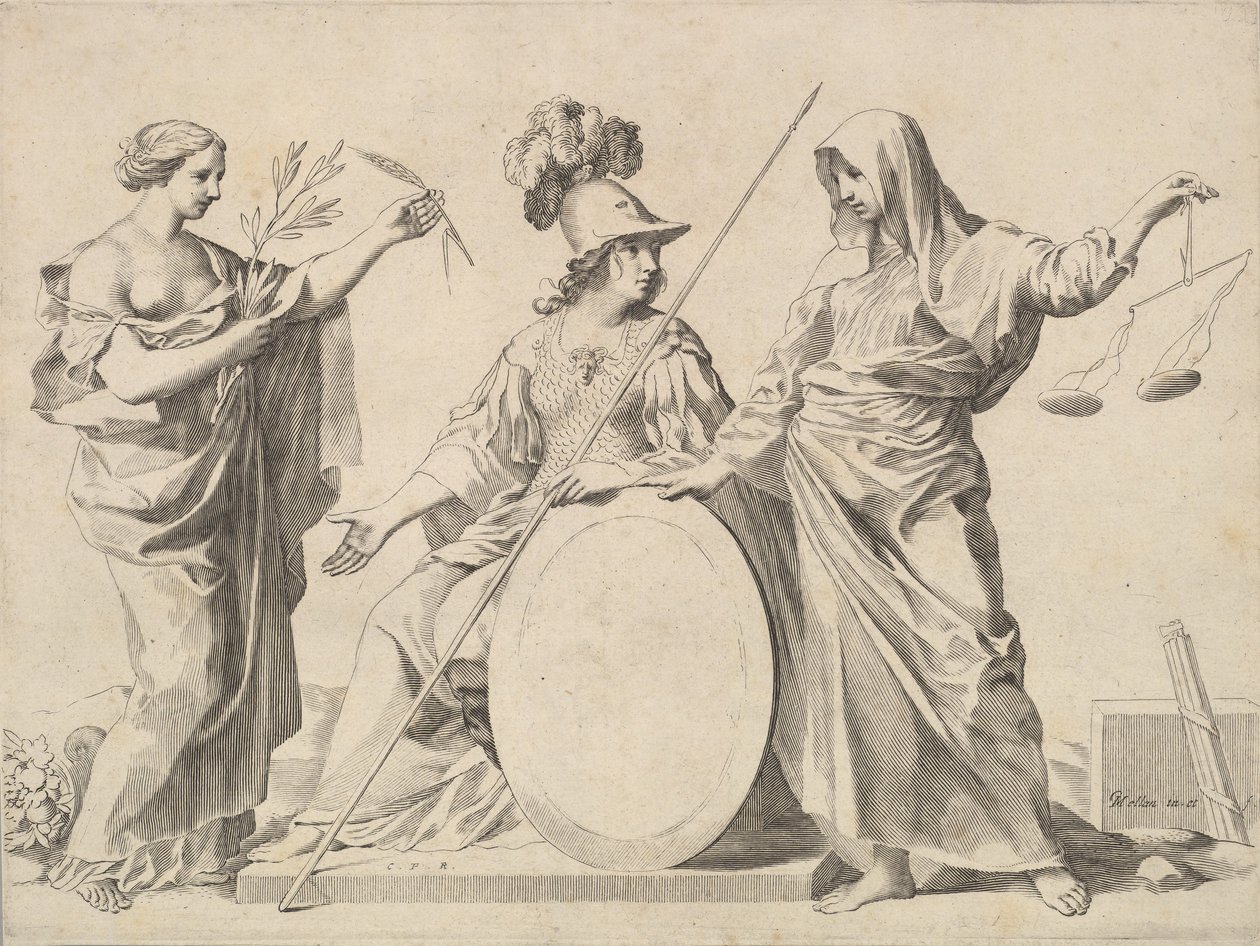 Minerva ladeada pelos braços de paz e justiça de Gallard e Mesmes. de Claude Mellan