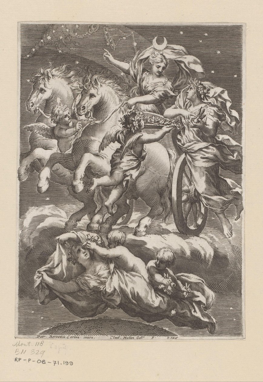 Personificação da Lua na sua carruagem
Página de título para: Giovanni Battista Ferrari, De Florum cultura libri IV, 1633 de Claude Mellan
