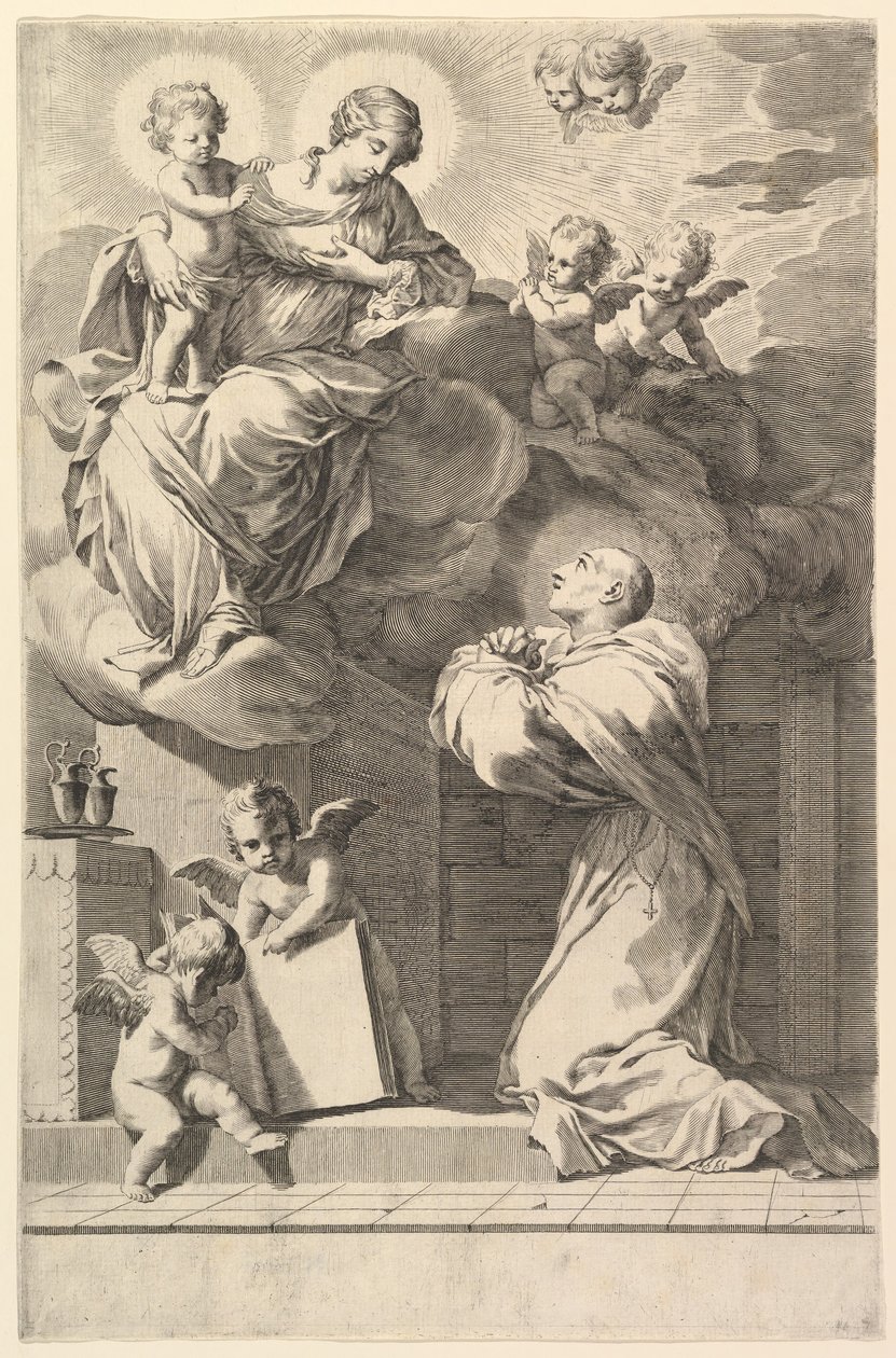 São Bernardo ajoelhado diante da Virgem e Menino, 1640. de Claude Mellan