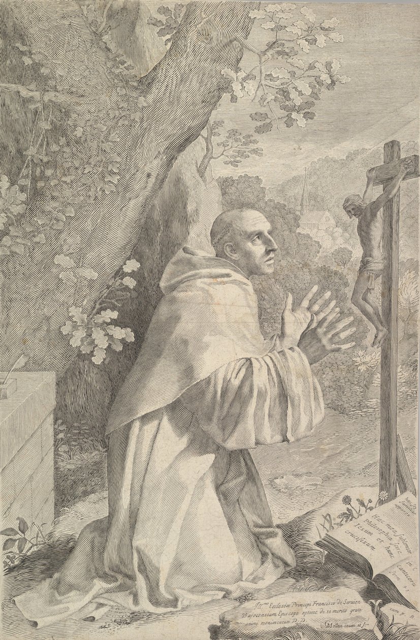 São Bernardo ajoelhado diante de um crucifixo, ca. 1655 de Claude Mellan