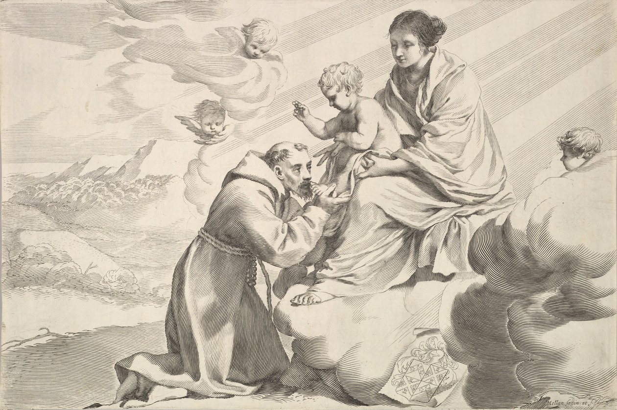 São Francisco de Assis adorando o Menino Jesus no colo das virgens. de Claude Mellan
