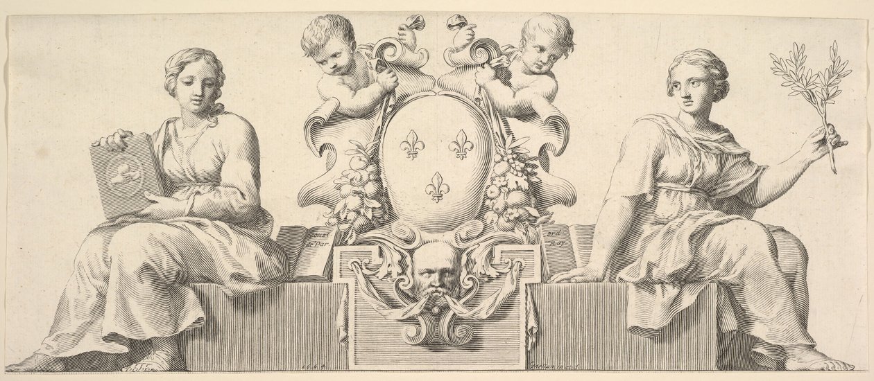 Os braços da França, acompanhados de personificações da lei e da boa fé, 1664. de Claude Mellan