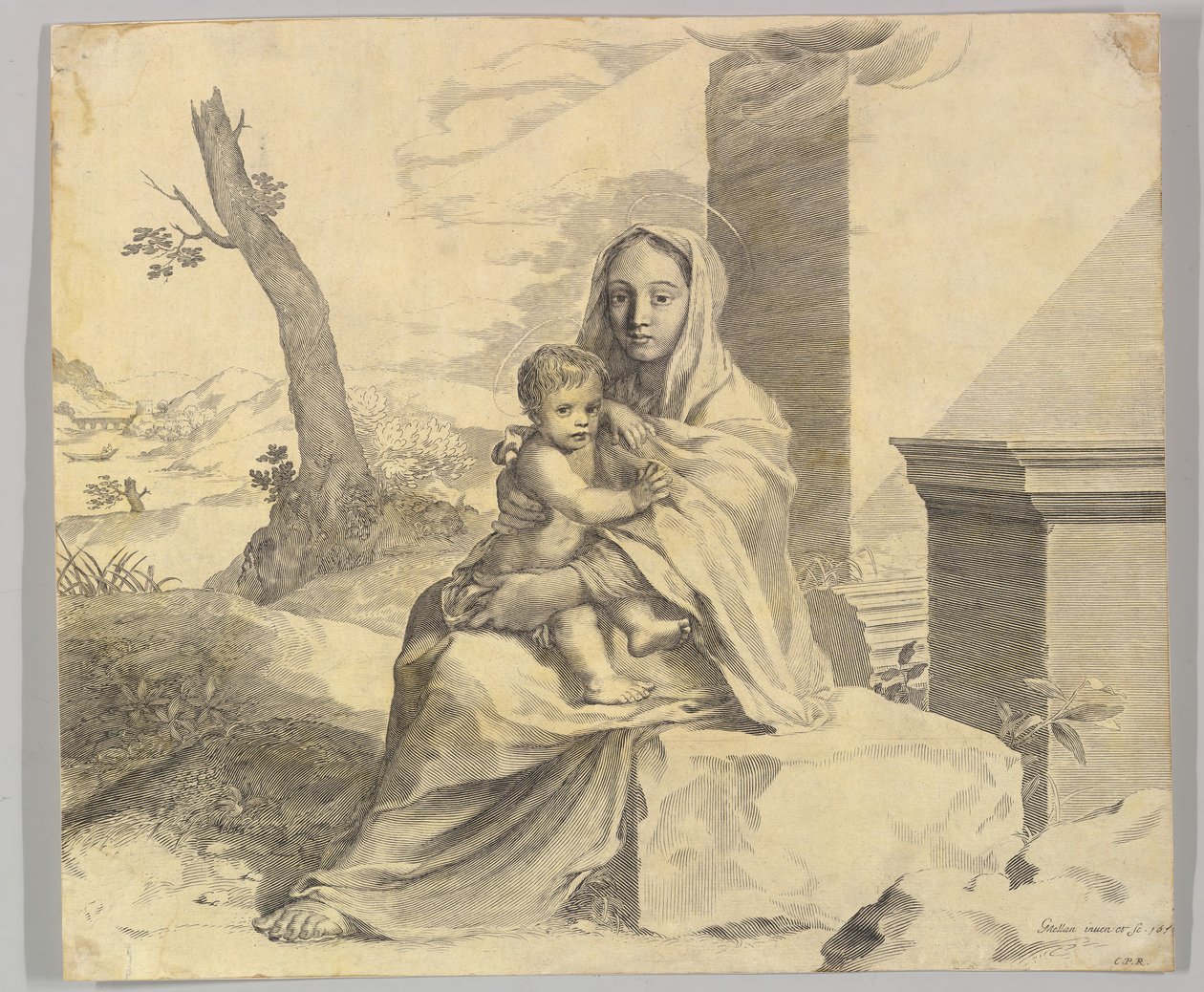 Virgem e Menino sentados em uma rocha Virgem e Menino em ruínas, 1659. de Claude Mellan