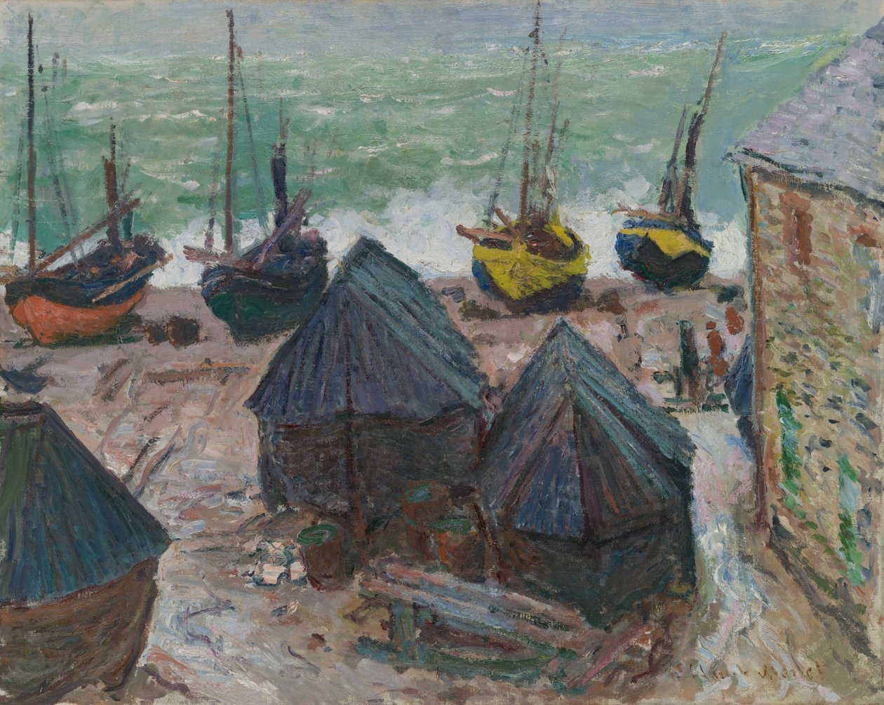 Barcos na praia de Étretat de Claude Monet