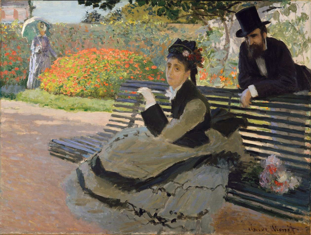 Camille Monet em um banco de jardim de Claude Monet