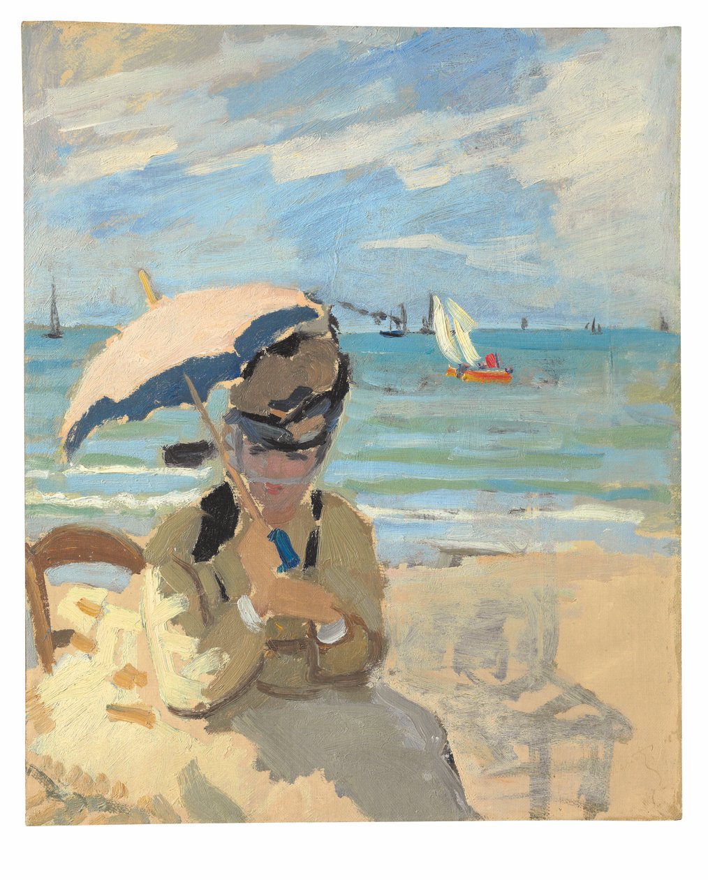 Camille sentada na praia em Trouville de Claude Monet