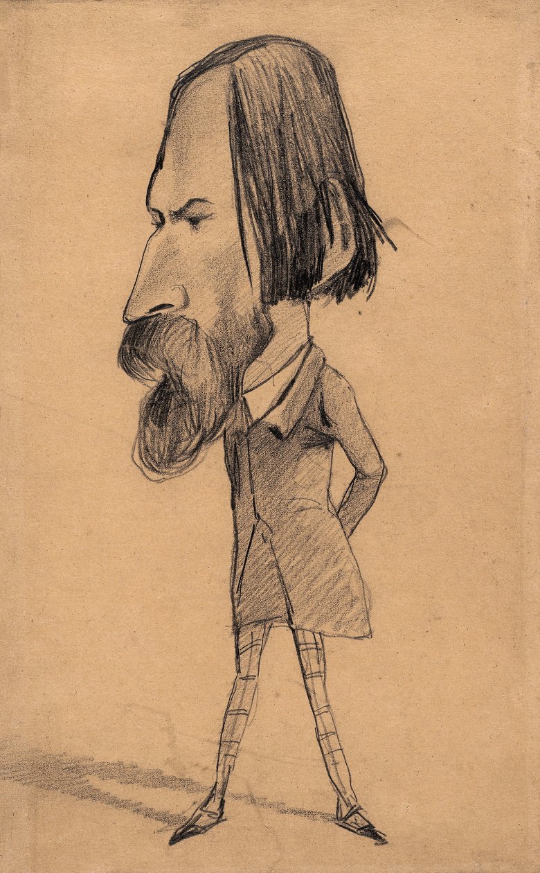 Caricatura de Auguste Vacquerie, c.1859 (grafite com rasura sobre papel de seda castanho) de Claude Monet
