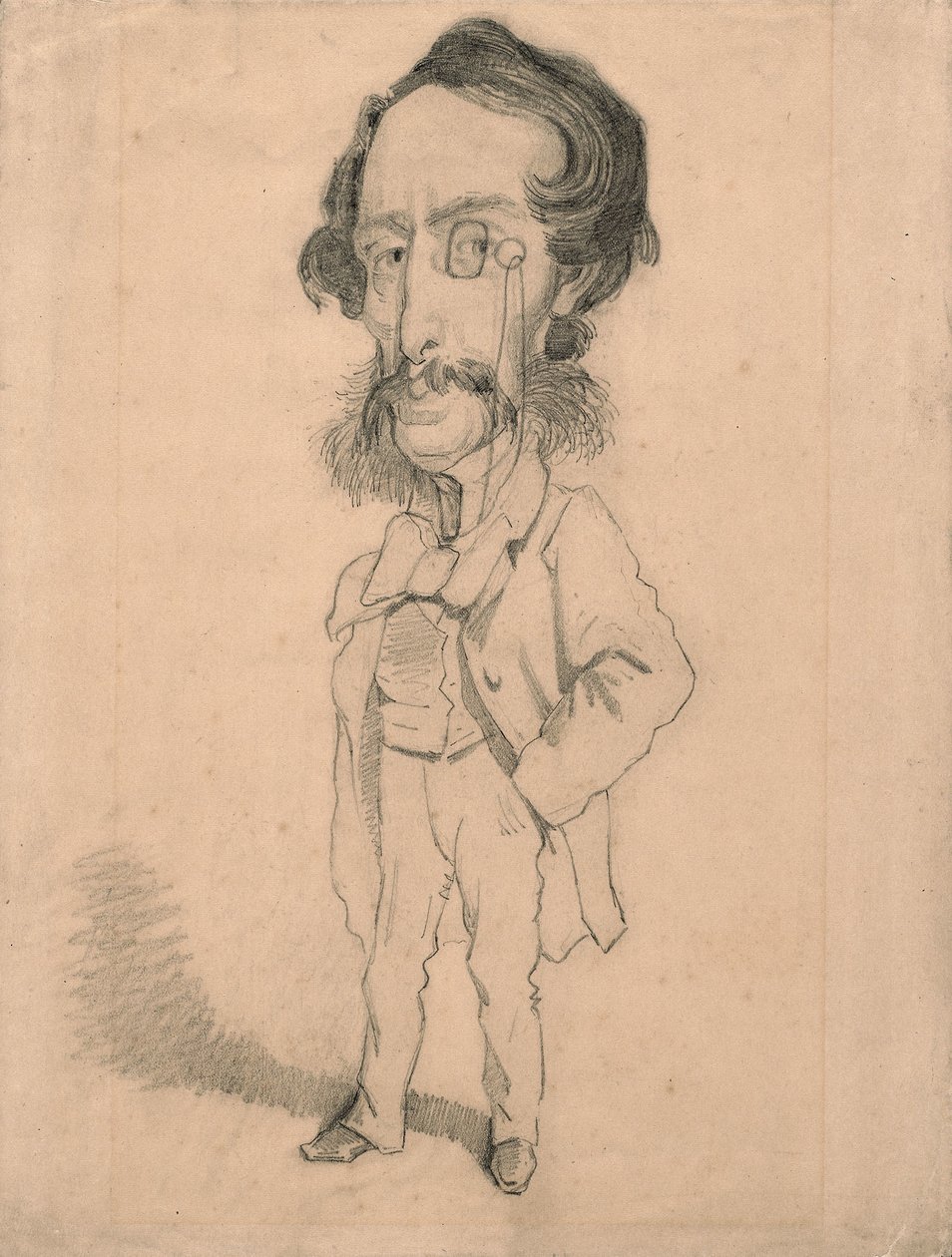 Caricatura de Mario Uchard, c.1858 (grafite com toques de rasura e picotagem sobre papel de trama castanho) de Claude Monet