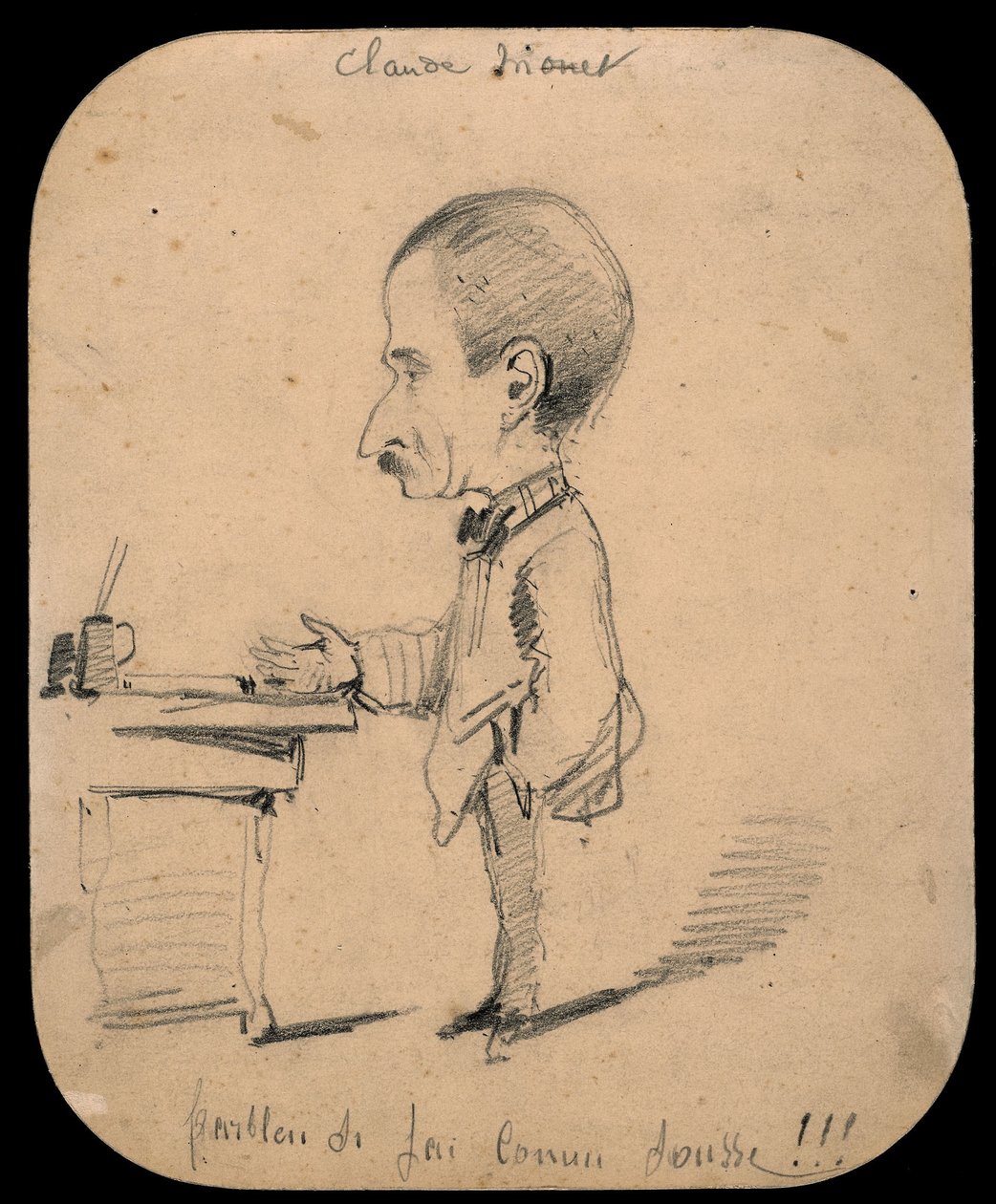 Caricatura de um homem de pé junto a uma secretária de Claude Monet