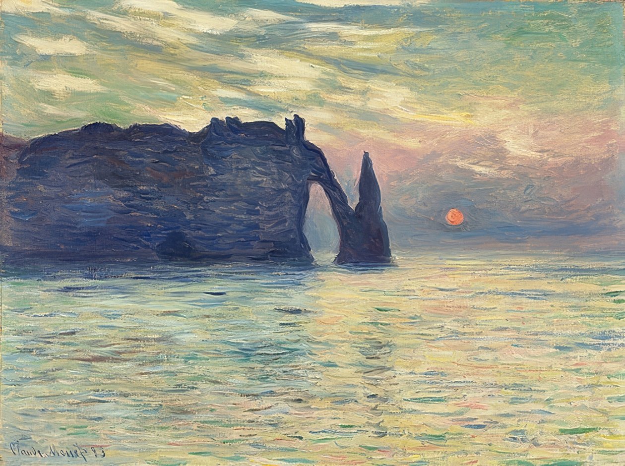 Rochas, Étretat, pôr do sol. 1882-83 de Claude Monet