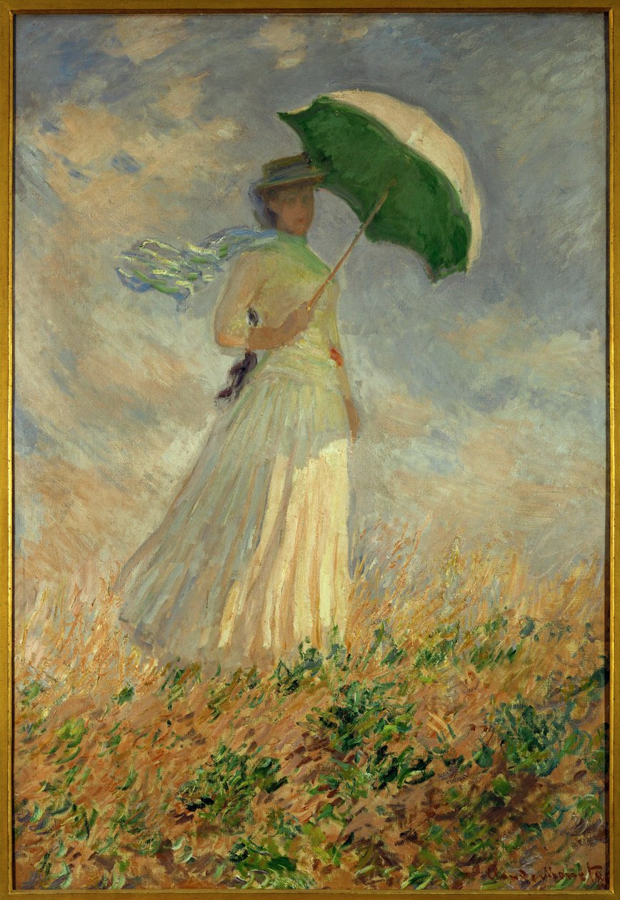 Mulher com guarda-chuva virada para a direita ... (óleo sobre tela) de Claude Monet