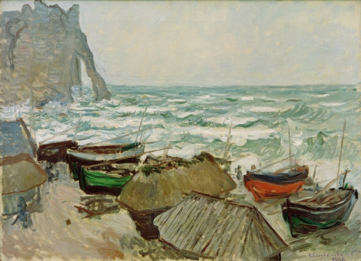 Barcos de pesca na praia de Etretat de Claude Monet