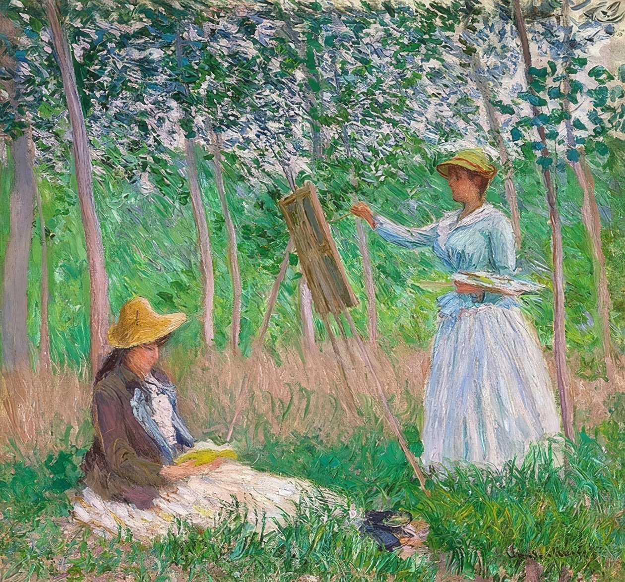 No jardim de Giverny: Blanche Hoschedé no cavalete e Suzanne Hoschedé lendo. 1887 de Claude Monet