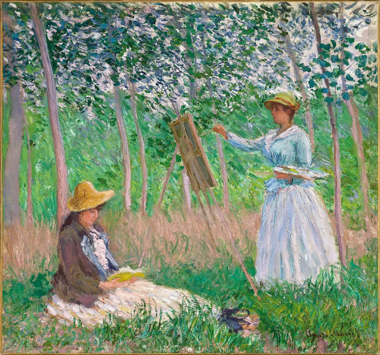 Na floresta em Giverny- Blanche Hoschedé em seu cavalete com Suzanne Hoschedé Reading de Claude Monet