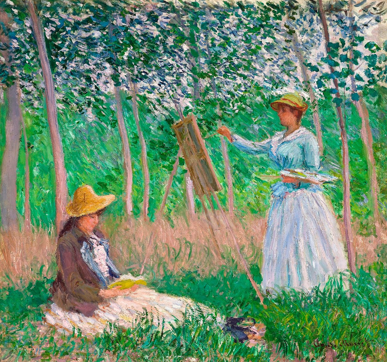 Nos bosques de Giverny: Blanche Hoschedé em seu cavalete com Suzanne Hoschedé Reading, 1887 de Claude Monet