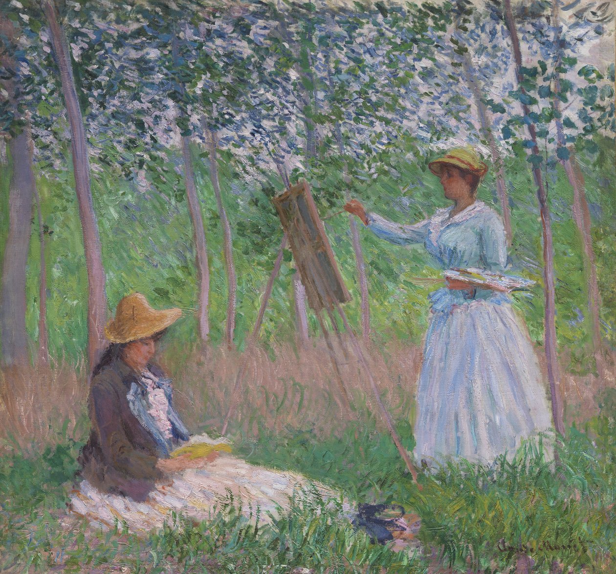 No Bosque de Giverny: Blanche Hoschedé junto ao seu cavalete, com Suzanne Hoschedé a ler de Claude Monet