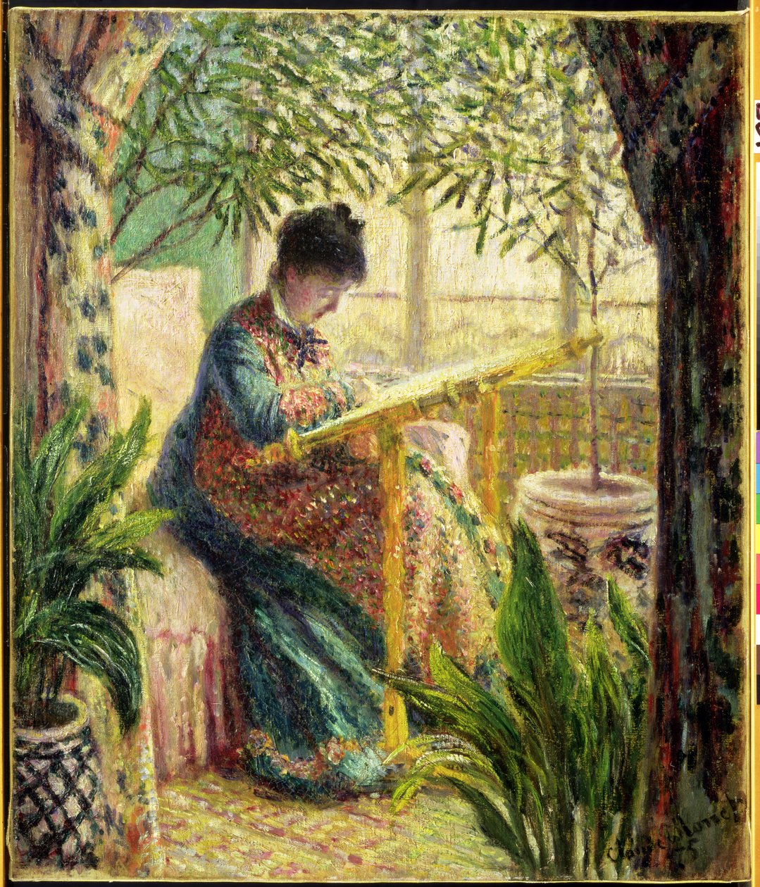 Sra. Monet Bordando (Camille no Metier) 1875 de Claude Monet