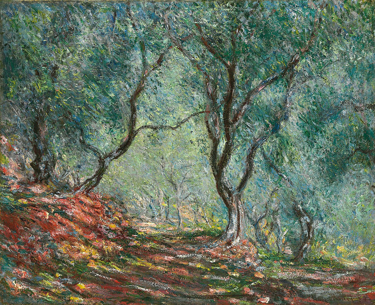 Oliveiras no Jardim Moreno; Madeira de oliveira no jardim Moreno, 1884 de Claude Monet