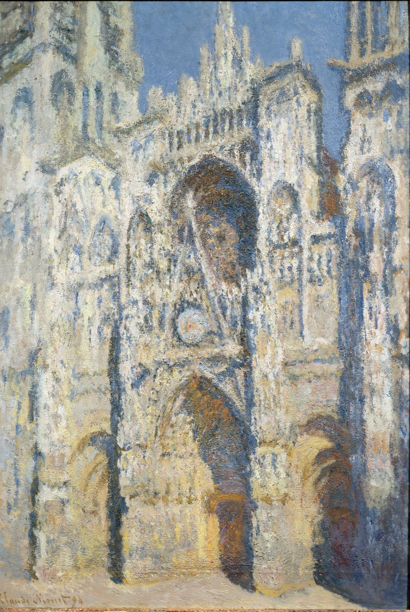 Catedral de Rouen, o portal e a torre Saint Romain, efeito sol pleno, harmonia azul e ouro - óleo sobre tela de Claude Monet