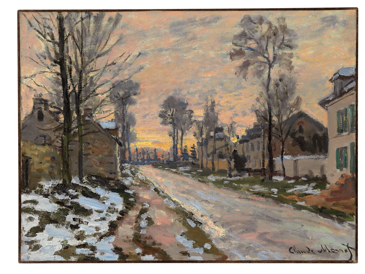 Estrada para Louveciennes, derretendo a neve, pôr do sol, c.1869-70 de Claude Monet