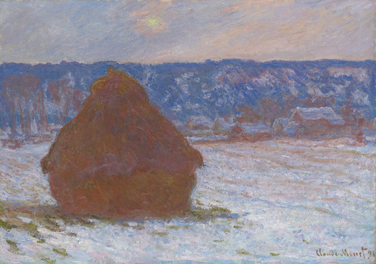 Efeito de neve de pilha de trigo, dia nublado, 189091. de Claude Monet