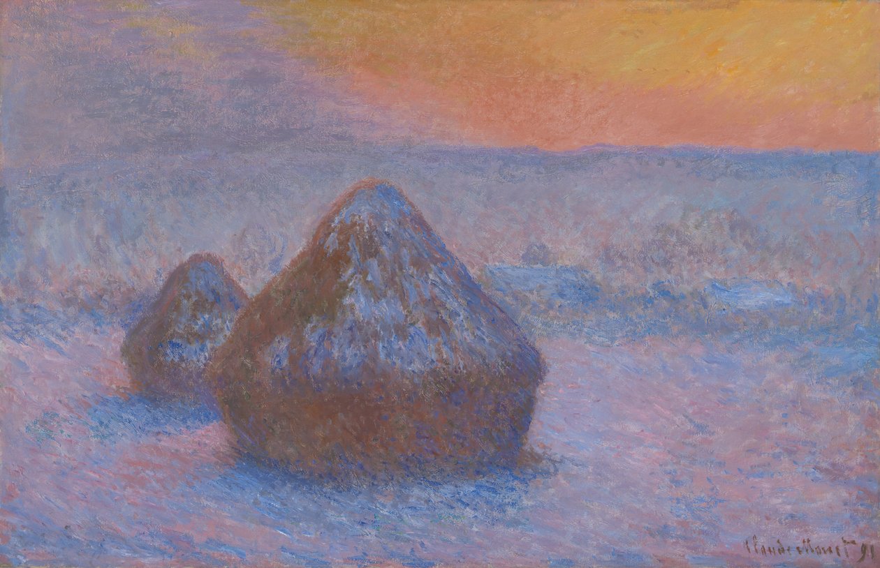 Pilhas de trigo por do sol, efeito de neve, 189091. de Claude Monet