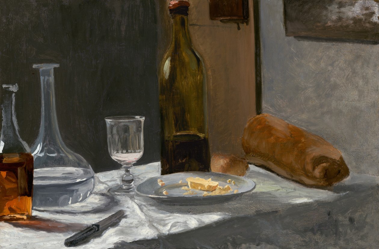 Natureza Morta com Garrafa, Garrafa, Pão e Vinho, c. 1862-63 (óleo sobre tela) de Claude Monet