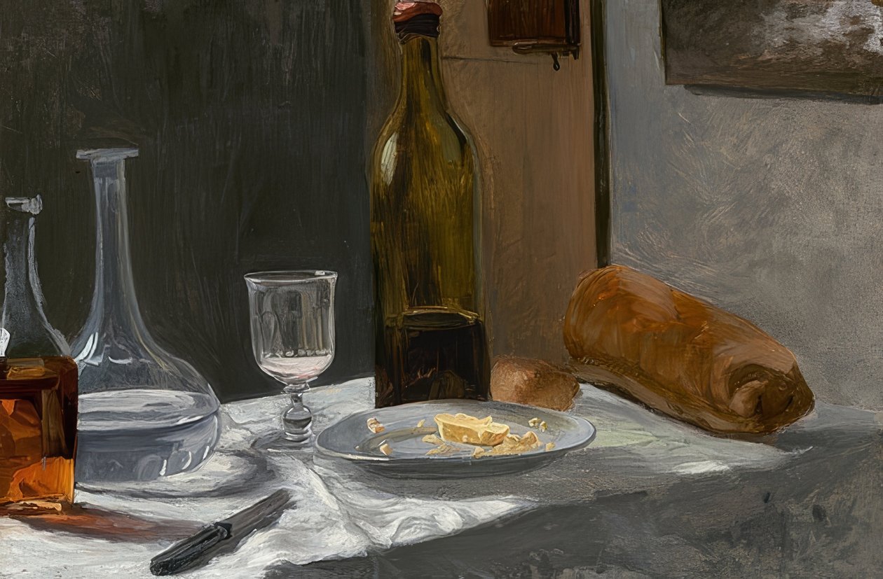 Natureza morta com garrafa, jarra, pão e vinho. Por volta de 1862-63 de Claude Monet