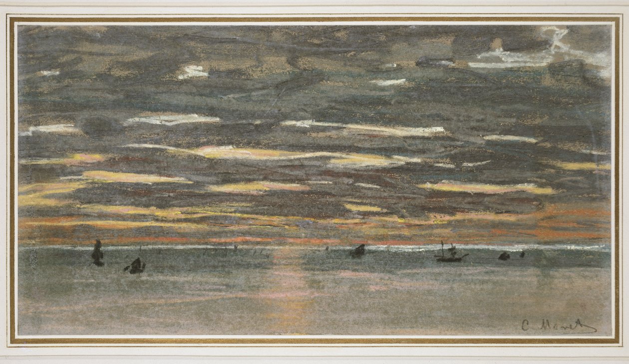 Pôr do sol no mar, 1865-1870 (pastel em papel amarelo) de Claude Monet